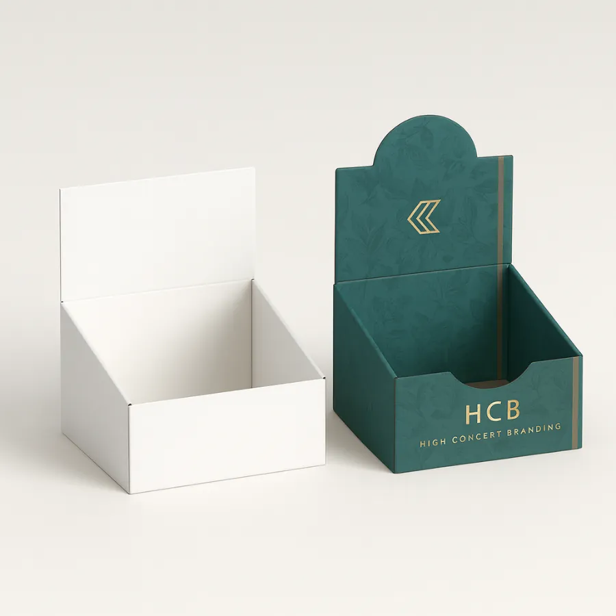 espoke counter display tray for herbal products- plain white and custom printed teal and gold- class=